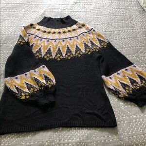 Free People Black, Lavender, Gold Mock Neck Balloon Sleeve Tunic Sweater, size S